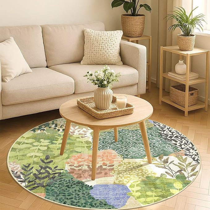 DEXDE Round Rug 5ft Washable Circle Area Rugs Non Slip Low Pile Boho Floral Large Circular Carpet for Bedroom Bathroom Entryway Kids Room Office Dining Room,Green