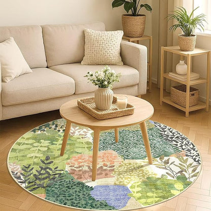DEXDE Round Rug 5ft Washable Circle Area Rugs Non Slip Low Pile Boho Floral Large Circular Carpet for Bedroom Bathroom Entryway Kids Room Office Dining Room,Green