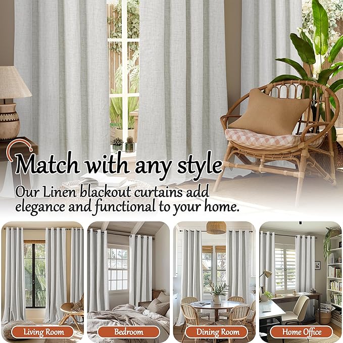 Lajode 100% Blackout Curtains for Living Room 84 Inch Length 2 Panels Set, Thermal Insulated Light Blocking Boho Faux Linen Window Curtains for Bedroom, Bronze Grommet, Each 52" Wide, Light Grey