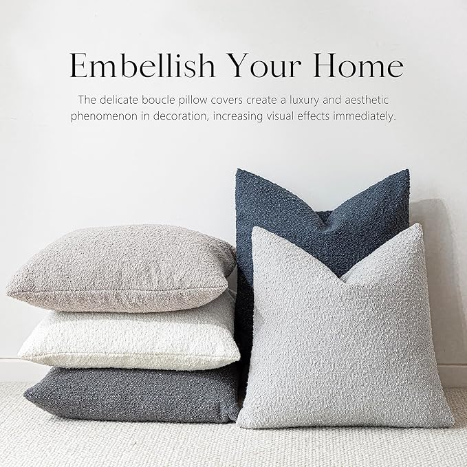 Foindtower Textured Boucle Throw Pillow Covers Accent Solid Pillow Cases Cozy Soft Decorative Couch Cushion Case for Chair Sofa Bedroom Living Room Home Decor, 20 x 20 Inch,Light Grey