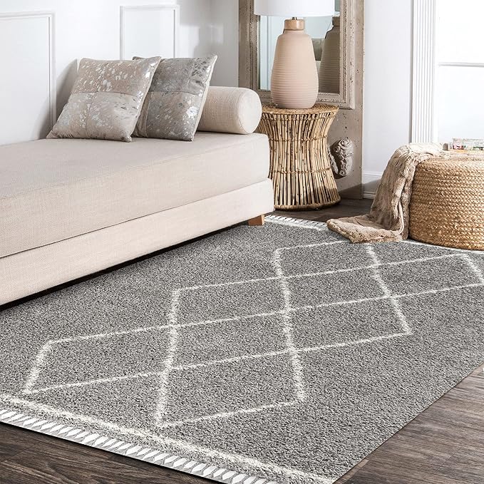JONATHAN Y Mercer Shag Plush Tassel Gray/Cream Indoor Area Rug, 3x5, Moroccan Geometric Trellis, Bohemian, Easy-Cleaning for Living Room, Bedroom, Kitchen, Pet Friendly, Non-Shedding (MCR103C-3)