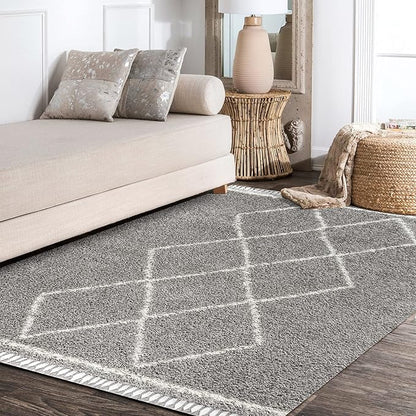 JONATHAN Y Mercer Shag Plush Tassel Gray/Cream Indoor Area Rug, 3x5, Moroccan Geometric Trellis, Bohemian, Easy-Cleaning for Living Room, Bedroom, Kitchen, Pet Friendly, Non-Shedding (MCR103C-3)