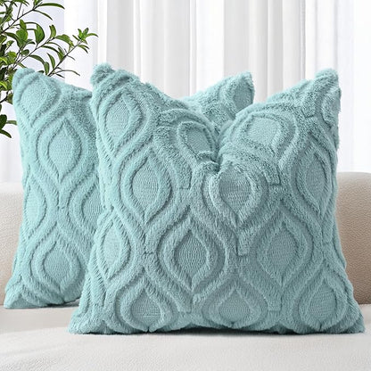 decorUhome Spring Euro Sham Throw Pillow Covers 22x22 Inch Set of 2, Soft Plush Faux Wool Aqua Solid Couch Pillow Covers, Accent Farmhouse Neutral Square Pillow Cases for Sofa Bed Living Room
