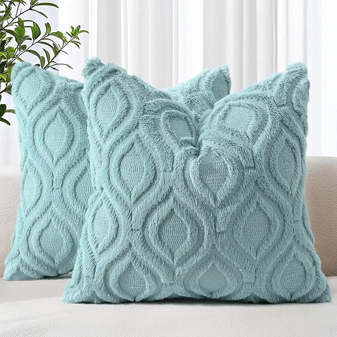 decorUhome Spring Throw Pillow Covers 20x20 Inch Set of 2, Soft Plush Faux Wool Aqua Solid Couch Pillow Covers, Accent Farmhouse Neutral Square Pillow Cases for Sofa Bed Living Room