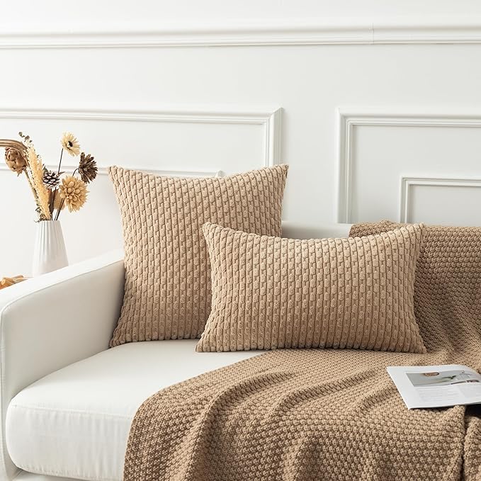 Kevin Textile 14x22 Inch Pillow Cover 1 Pack Boho Decorative Soft Striped Corduroy Lumbar Farmhouse Solid Color Accent Rectangle Cushion Case for Living Room Couch Sofa Bed, Tan