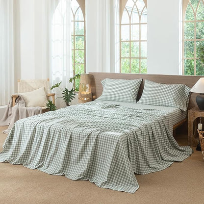 MooMee Gingham Sheet Set 100% Washed Cotton Linen Like Textured Breathable Soft w/Fully Elasticized 16-19" Deep Pocket (Classic Gingham Sage Green, Queen)
