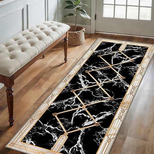 Abstract Marble Texture Throw Carpet Runner for Entrance, 2x8ft, Luxury Gold Geometric Line Bedroom Rug, Dirty Resistant Absorbent Bathroom Decor Washable Area Carpet for Office