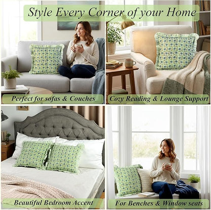 Ridhi Apple Green Floral Modern Farmhouse Pillow 18x18 Block Print Cotton Throw Pillow Covers Set of 2 Cushion Covers with Ruffle Couch Sofa Bed Living Room Home Decor for Christmas,Thanksgiving