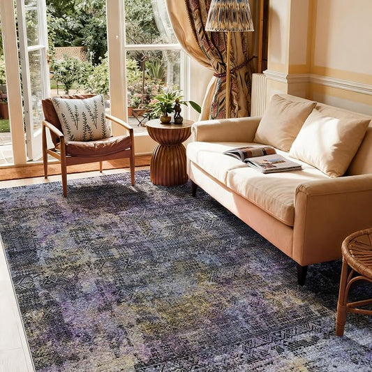 Kokia Abstract Area Rugs Washable Indoor 6x9 Rug Boho Distressed Retro Low Pile Non-Slip Non-Shedding Black Gray Carpet Bedroom Living Room Dining Room, Oslo Nebula