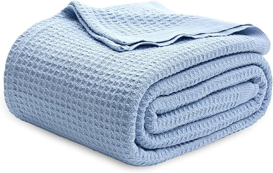 Bedsure Gentlesoft 100% Cotton Blanket Queen Size for Bed - Breathable and Soft, Thick Cozy Waffle Weave Christmas Blanket Gift for Women, Sky Blue, 90x90 Inches
