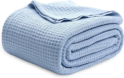 Bedsure Gentlesoft 100% Cotton Blanket King Size for Bed - Breathable and Soft, Thick Cozy Waffle Weave Christmas Blanket Gift for Women, Sky Blue, 104x90 inches