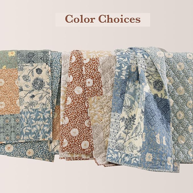 CASAAGUSTO King Size Quilt Set - 3 Pieces Patchwork Terracotta Quilt Bedding Set, Lightweight King Bedspread Coverlet, Reversible Floral Bed Cover for All Seasons (106"x94", 1 Quilt + 2 Pillow Shams)
