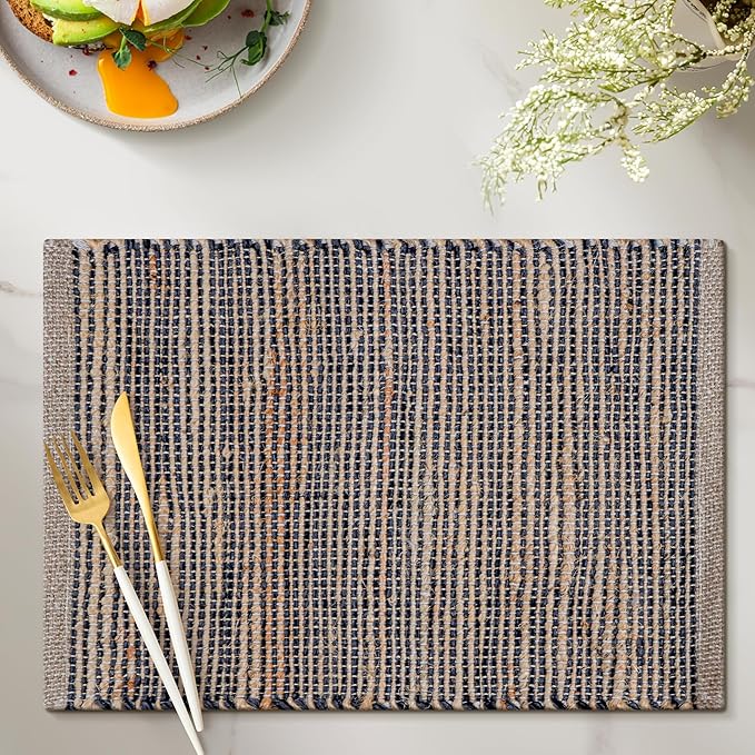 Jute Placemats Set of 4 - Boho Woven Placemats for Dining Tables, Rustic Farmhouse Style, Cotton and Jute, Neutral Colorful Table Mat, 13x19 Inch, Indoor Kitchen Decor -Natural- Grey Charcoal
