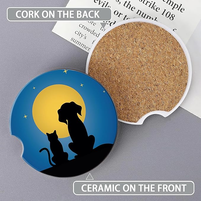 Dog Cat Car Cup Holder Coaster,Moon Night Starry Sky Car Coasters for Cup Holder,2 PCS Absorbent Insert Ceramic Car Assecories with Cork Back & Finger Notch for Women Men