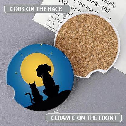 Dog Cat Car Cup Holder Coaster,Moon Night Starry Sky Car Coasters for Cup Holder,2 PCS Absorbent Insert Ceramic Car Assecories with Cork Back & Finger Notch for Women Men