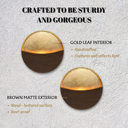 Eclipse Wall Candle Holder Set of 2, Metal Candle Sconces with Brushed Wood Grain and Gold Interior, Christmas Wall Decor for Living Room, Bedroom, and Modern Farmhouse