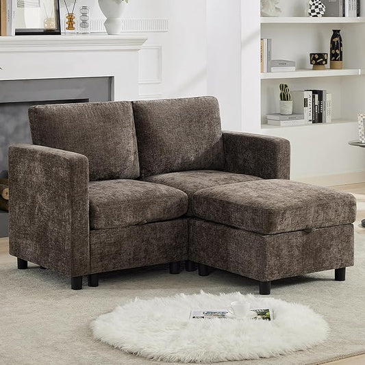 58'' Modular Sectional Loveseat Sofa with Storage, Comfy Office L Shaped Sofa Couch, Chenille Love Seat Modular Sectional Couch with Movable Ottoman for Living Room, Bedroom, Brown