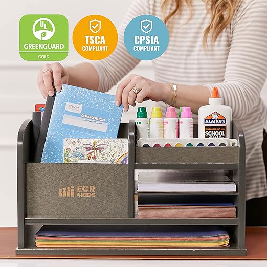 ECR4Kids Tabletop Supplies Storage Center, Teacher Caddy, Grey Wash