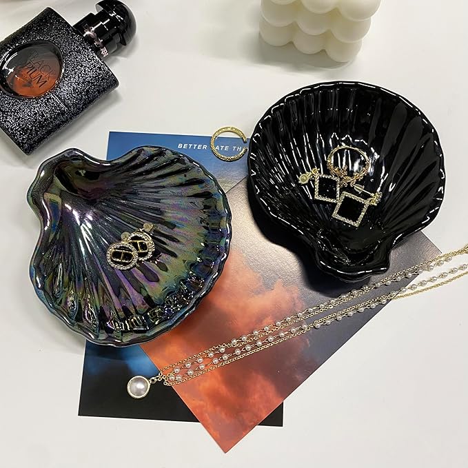 Shell Jewelry Dish Tray, Ceramic Trinket Tray Clamshell Jewelry Storage Dish, Ring Holder Dish Key Bowl, Decorative Jewelry Plate, Cute Jewelry Organizer for Room Decor (Multicolor Black)