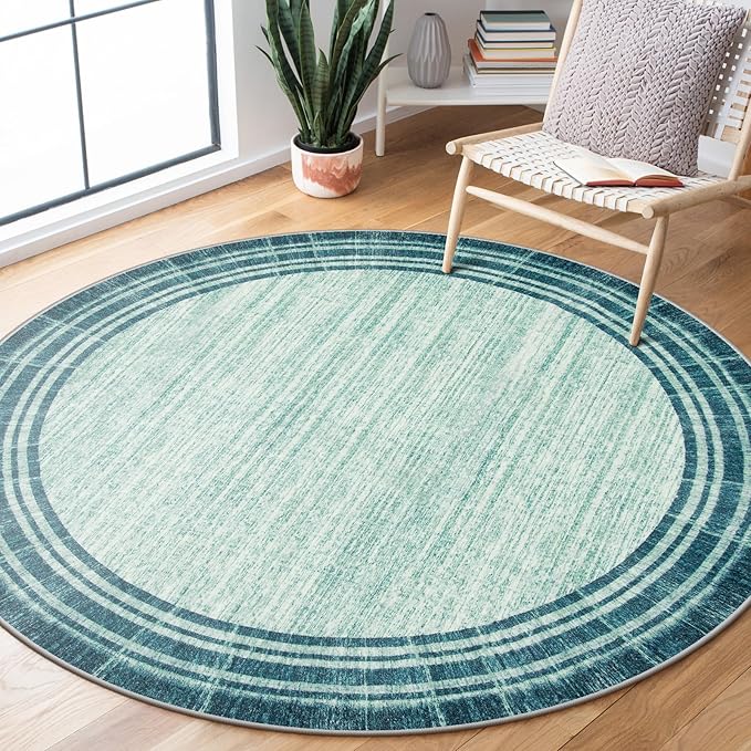 Lahome Abstract Round 4ft Entryway Rug, Washable Teal Entry Rugs Non Slip Circle Kitchen Carpet, Minimalist Border Dining Room Rug Indoor Room Carpet for Under Chair Coffee Table Entrance Mats
