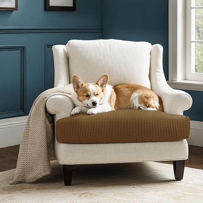 CHUN YI Small Couch Cushion Cover Stretch, Sofa Seat Slipcovers for Pets, Suitable for Armchair Loveseat Sofa with Spandex Jacquard Washable Fabric(Small,Coffee)