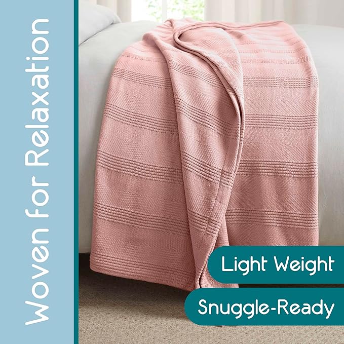 King Size 100% Cotton Blanket | Super Soft Breathable Lightweight Throw | All-Season Knit Blanket | Luxury Hotel Versatile | Easy Care Pink Clay