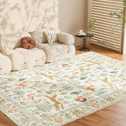 DUKINO 9x12 Rug, Washable Animal Living Room Rug with Non Slip Vintage Design, Soft Low Pile Large Carpet for Bedroom, Nursery, Dining Room, Farmhouse, Playroom, White