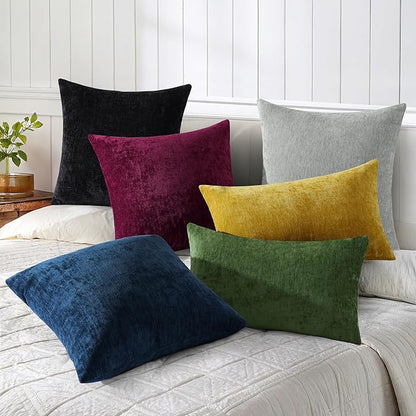 decorUhome Chenille Burgundy Spring Throw Pillow Covers 18x18 Inch Set of 2, Decorative Soft Couch Pillow Covers Solid Dyed Accent Farmhouse Neutral Square Pillow Cases for Sofa