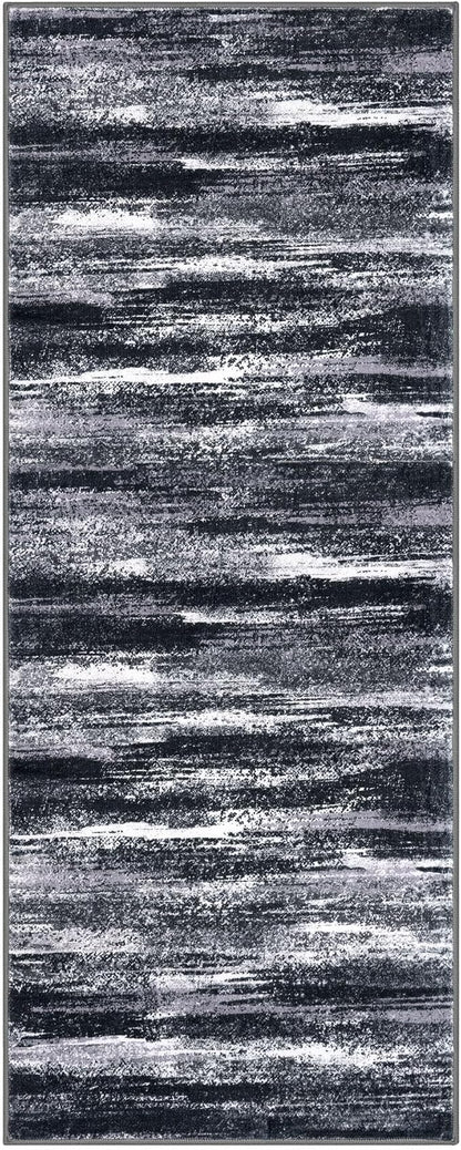 Modern Abstract Runner Rug 2x5, Black Grey Washable Kitchen Runner Entryway Rug Mat Non-Slip Soft Hallway Rug Runner Thin Print Faux Wool Carpet for Bedroom Laundry Room Indoor