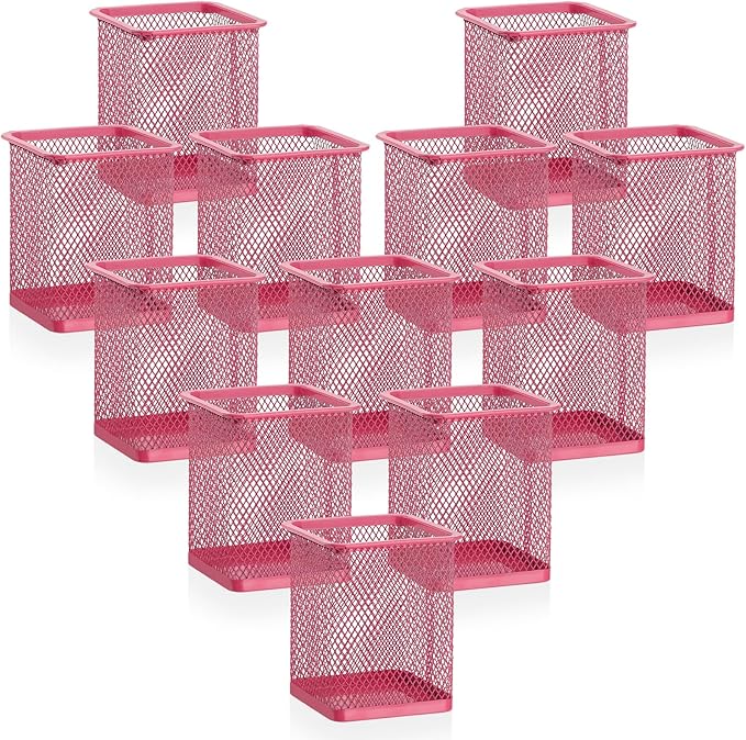 Segarty Pen Cup, 12 Pack Square Dark Pink Pen Holder for Desk, Multifuntional Mesh Pencil Cups Holder for Marker, Office Supplies, School Students, Home, Desktop Accessories Storage Organizer