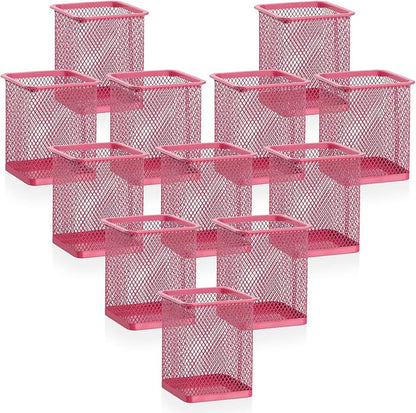 Segarty Pen Cup, 12 Pack Square Dark Pink Pen Holder for Desk, Multifuntional Mesh Pencil Cups Holder for Marker, Office Supplies, School Students, Home, Desktop Accessories Storage Organizer