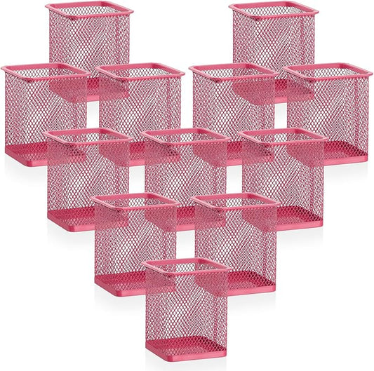 Segarty Pen Cup, 12 Pack Square Dark Pink Pen Holder for Desk, Multifuntional Mesh Pencil Cups Holder for Marker, Office Supplies, School Students, Home, Desktop Accessories Storage Organizer