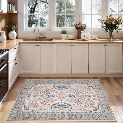 Tangsoo 2x3 Small Rug for Entryway, Washable Area Entry Rug Non Slip, Neutral Low Pile Soft Area Rugs, Indoor Front Door Boho Floral Throw Rugs for Entrance Kitchen Bedroom Bathroom Home Decor