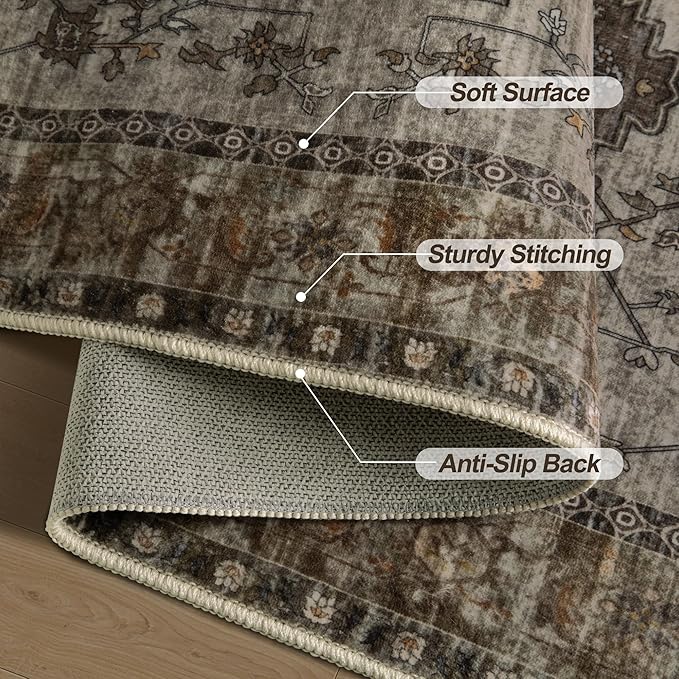 Tangsoo 3x5 Washable Rugs Oriental Area Rug, Vintage Non Slip Indoor Accent Rug, Print Distressed Grey Carpet, Soft Low Pile Rug for Living Room Dining Bedroom Bedside Entryway