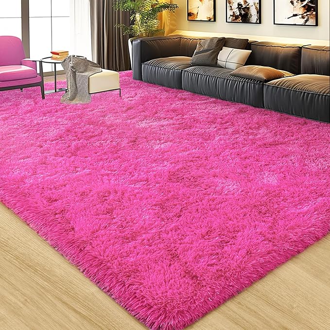 Ultra Fluffy Area Rugs for Living Room Bedroom, 6x9 Fuzzy Large Living Room Rugs, Thick Shag Rug for Dorm, Soft Non Slip Kids Girls Boys Rug for Home Decor Aesthetic, Hot Pink