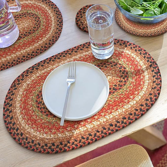 Homespice Gingerbread Jute Braided Oval Placemats, Warm Country Decor, Set of 6, 13x19 Brown Table Mats - Vibrant Colors, Durable, Easy to Clean and Protects Furniture