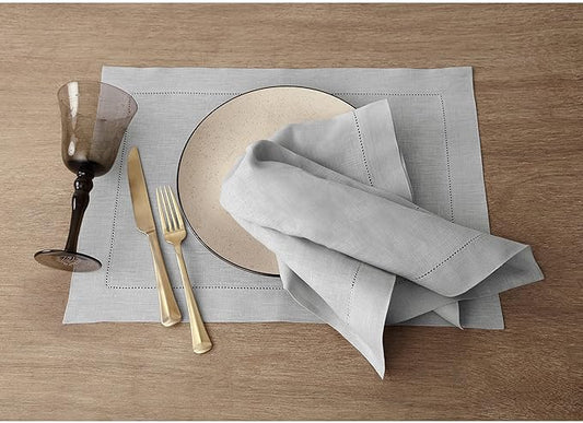 Solino Home Linen Cloth Placemats Set of 6-100% Pure Linen Hemstitch Soft Grey Placemats 14 x 19 Inch - Classic Hemstitch Table Place Mats for Winter, New Year