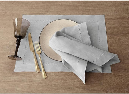 Solino Home Linen Placemats Set of 4 - Classic Hemstitch Soft Grey Placemats 14 x 19 Inch - 100% Pure Linen Table Mats for Winter, New Year