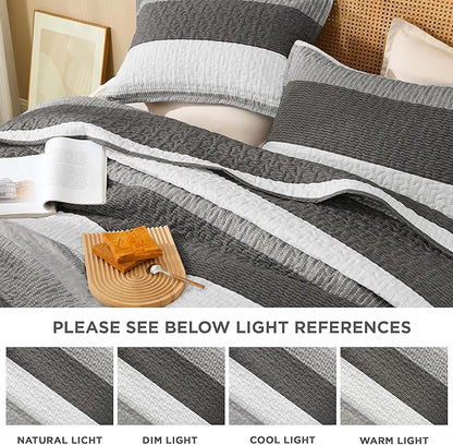 Litanika Quilt King Size Dark Grey, Stripe Patchwork Summer Bedspread Coverlet 3 Pieces, Soft Lightweight Microfiber Quilted Bedding Set for All Season(1 Quilt, 2 Pillowcases)