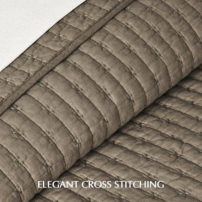 EVERGRACE Cross Stitch Pre-Washed Cotton Quilt Bedding Set Queen Size, Oversized 3 Pieces Lightweight Bedspread Coverlet for All Season, with 2 Matching Shams, Mocha Brown, 92"x96"