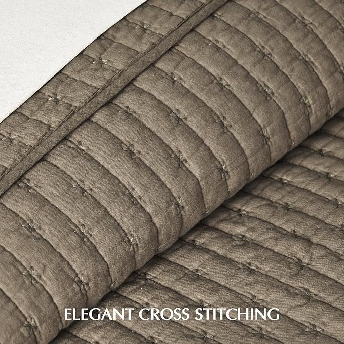 EVERGRACE Cross Stitch Pre-Washed Cotton Quilt Bedding Set King Size, Oversized 3 Pieces Lightweight Bedspread Coverlet for All Season, with 2 Matching Shams, Mocha Brown, 108"x96"