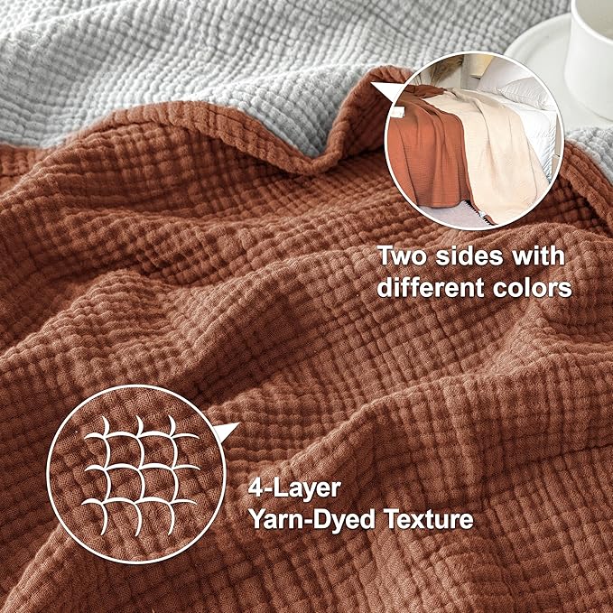 Simple&Opulence 100% Cotton Muslin Blanket, Lightweight Breathable 4 Layering Soft Cotton Throw Blanket,Gauze Blanket for Bed Couch Camping All-Season Use (Rust Orange, 50"x60")