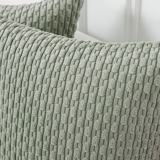 Kevin Textile Throw Pillow Covers Soft Corduroy Decorative Set of 2 Boho Striped Pillow Covers Pillowcases Farmhouse Home Decor for Couch Bed Sofa Living Room 20x20 Inch Greyish Green
