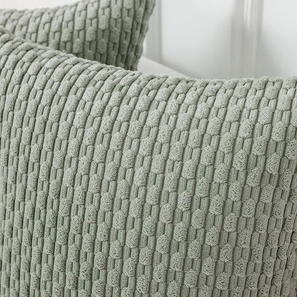 Kevin Textile Throw Pillow Covers Soft Corduroy Decorative Set of 2 Boho Striped Pillow Covers Pillowcases Farmhouse Home Decor for Couch Bed Sofa Living Room 12x20 Inch Greyish Green