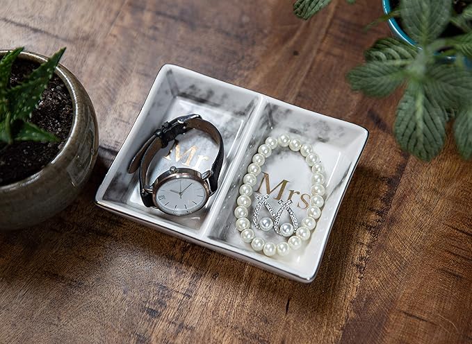 Aller Home & Kitchen Mr. & Mrs. Ring Dish - Marble Design Trinket Dish, Couples Ring Holder Dish - His and Hers Two Section Jewelry Dish Tray, Great for Wedding and Engagement Gifts