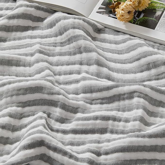 EMME Cotton Muslin King Blanket Bed Layering Bedspread Coverlet Breathable Gauze Soft Lightweight (Striped Grey, 108"x90")