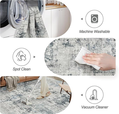 Abstract Rug 5x7 Machine Washable Area Indoor Grey Low Pile Non-Slip Foldable Thin Accent Rugs for Bedroom Living Room Dining Room