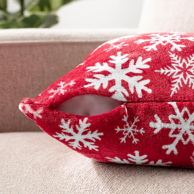 PAVILIA Holiday Throw Pillow Covers 20x20 Set of 2, Decorative Pillow Cases Bed Sofa Couch, Christmas Winter Accent Decor Cushion Bedroom Living Room, Velvet Square Euro Sham Covers, Snowflake Red