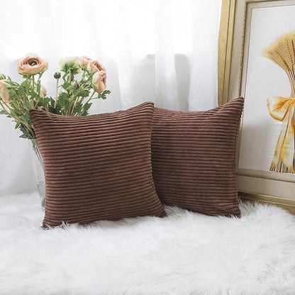 Home Brilliant Throw Pillow Covers 18x18 Set of 2 Solid Plush Corduroy Striped Square Cushion Covers Bed Decor, 18x18 inch, Brown