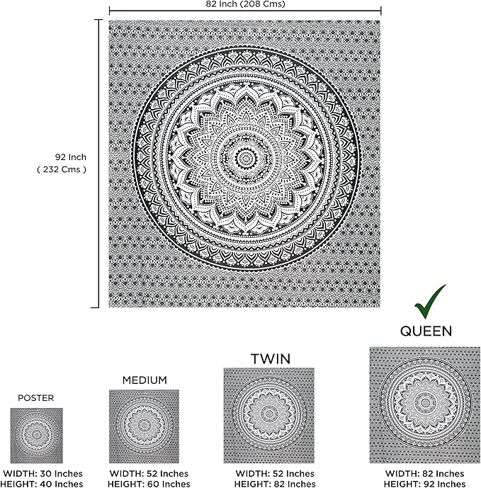 raajsee Grey Black Mandala Tapestry Bedroom Aesthetic - Indie Wall Tapestries Hippie Room Decor - Boho White Trippy Tapestrys Wall Hanging - Mandalas Wall Art 82x92 Inches